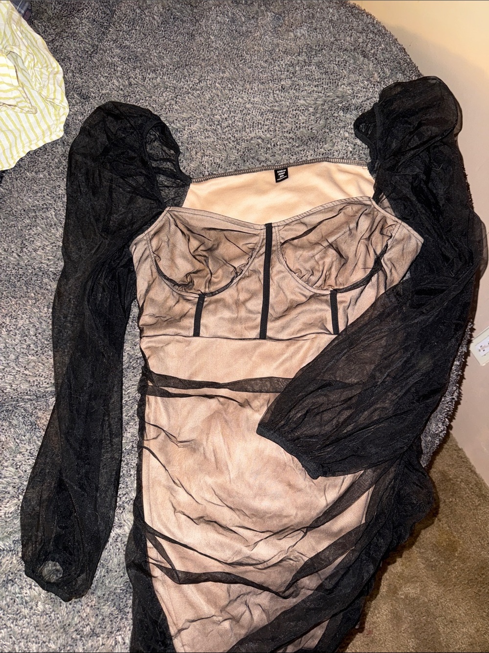 SHEIN Beige Bodycon Dress with Black Sheer Long Sleeves
